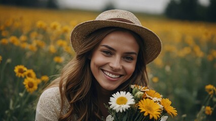 woman with flowers smiling
