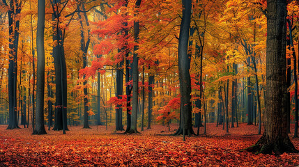 A crisp autumn morning in a deciduous forest, with trees displaying a kaleidoscope of fall colors...