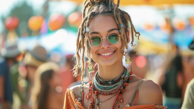 Music Festival Chic: Design an image of a young festival-goer rocking edgy, bohemian-inspired attire at a music festival