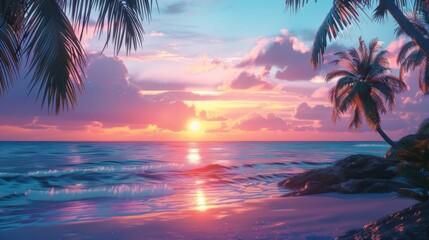 Serenity by the Sea: serene digital painting of a secluded beach at sunset, with silhouettes of palm trees swaying in the gentle breeze
