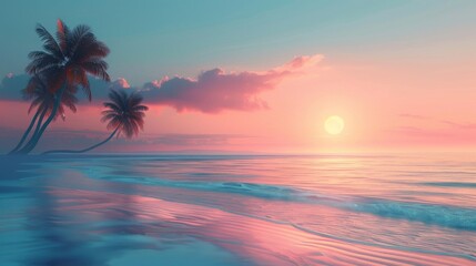 Fototapeta premium Serenity by the Sea: serene digital painting of a secluded beach at sunset, with silhouettes of palm trees swaying in the gentle breeze