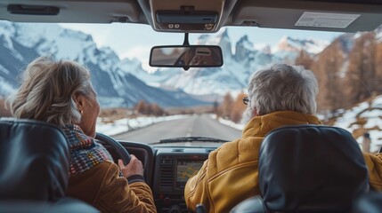 Show an enthusiastic senior couple, mixed ethnicity, embarking on an adventure in their electric vehicle, interior filled with maps and a sense of anticipation.