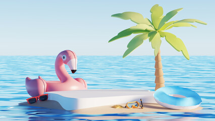 3D render, minimal Summer background with empty podium or pedestal platform for showing product, cosmetic scene for mock up, beach swim elements decoration.