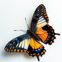 Vibrant and diverse butterflies flutter gracefully against a pristine white backdrop, creating a kaleidoscope of colors and patterns.