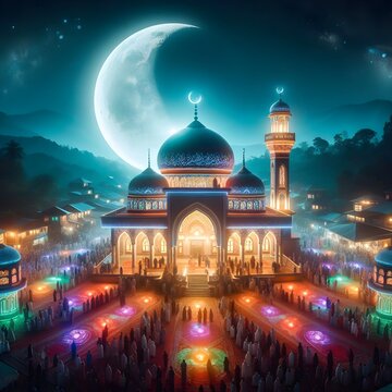 a picture of a mosque with a large moon in the background.