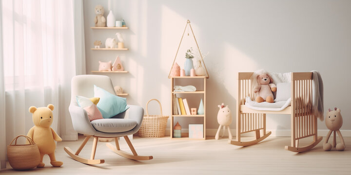 A 3D rendering baby room with their toys .