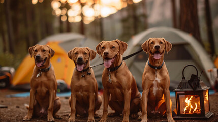 Camping Companions, Four friendly dogs in front of a tent and campfire at dusk.