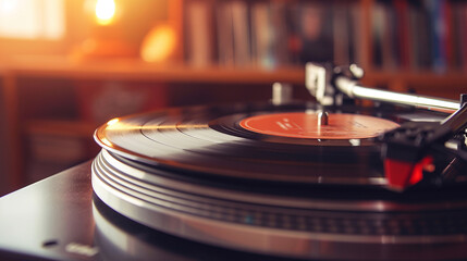 Vintage Audio Nostalgia, Vintage turntable playing a vinyl record, soft lighting adds warmth and...