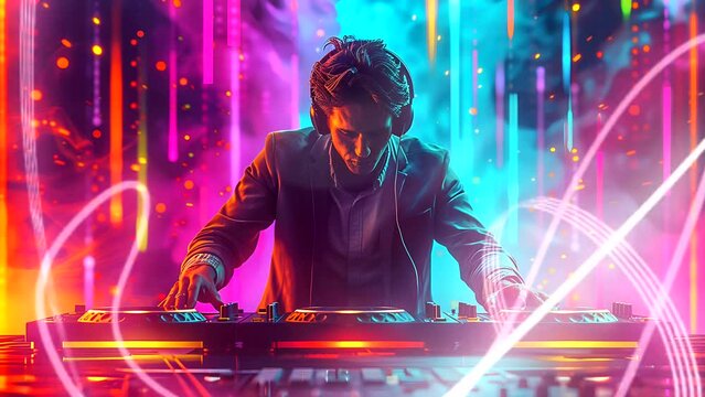 DJ plays music on a turntable, lit up in bright color, world music day. Seamless looping 4k time-lapse video animation background 