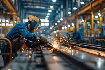 A skilled worker in protective gear intensely welding amidst vibrant sparks in an industrial factory setting - obrazy, fototapety, plakaty