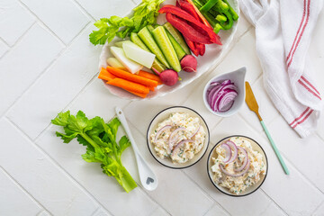 Fish and egg paste or salad with raw snack vegetables, healthy snack