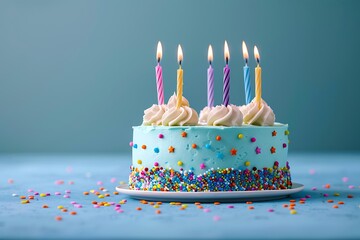 a birthday cake with candles set on a soft blue backdrop with space for text