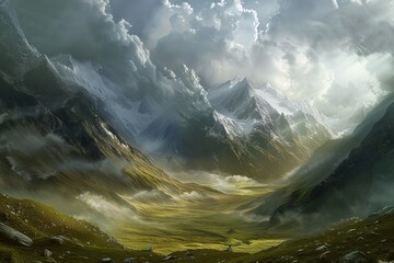 Panoramic view of majestic snow-capped mountain peaks in breathtaking natural landscape - Powered by Adobe