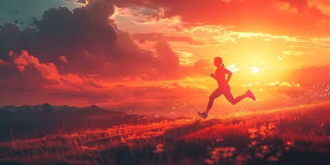 Fitness Enthusiast Sprinting at Dawning Light of Determination in Scenic Landscape