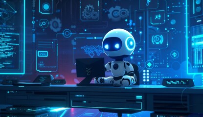 A cute robot is sitting at the computer and coding, surrounded by glowing blue symbols of technology in an animated style. The background features digital elements like gears, charts, and graphs with 