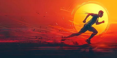 Muurstickers Determined runner pushing through the final stretch of an intense outdoor run with a dramatic sunset landscape providing a powerful backdrop © Wuttichai