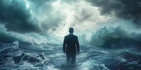 Businessman Navigating Through Turbulent Seas of Business Challenges and Opportunities - obrazy, fototapety, plakaty