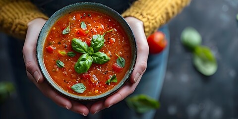 A person joyfully savoring a bowl of homemade gazpacho on a hot summer day a refreshing moment of revitalization and contentment - Powered by Adobe