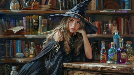 An imaginary witch wearing a black witch hat and black robe sits at a wooden table filled with books. On the bookshelf behind her are four bottles. One is called hope, the second is love, and the thir
