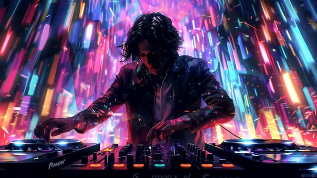 DJ plays music on a turntable, lit up in bright color, world music day. Seamless looping 4k time-lapse video animation background 