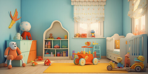 A 3D rendering baby room with their toys .