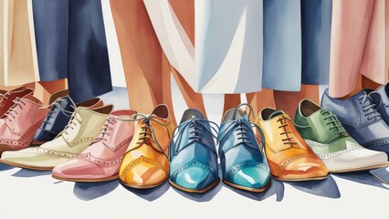 Watercolor drawing of shoes and human feet, retro., pastel colors.Colorful shoes on sale in a shop...