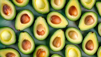 A halved avocado with nuts on a background. Wallpaper. Flat lay.