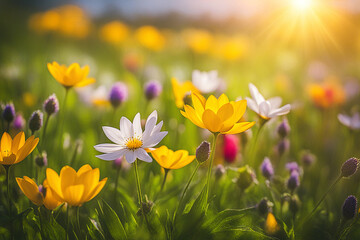 Spring wildflower field in beautiful sunlight. flowers and grass in a countryside at sunset time.