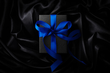 シルクの黒い布の上にある青いリボンをかけたギフトボックス