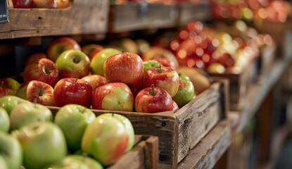 Apples on supermarket apple shelves display retail store organic local farmers food fruits healthy...