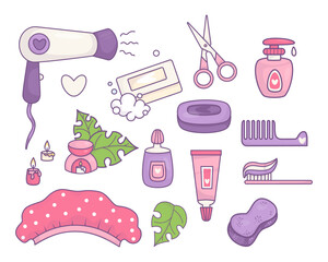 Shower cosmetics. Collection personal hygiene products: cream, soap, shower cap, washcloth, comb, toothbrush with toothpaste, aroma lamp with candles and hair dryer. Isolated Vector elements.