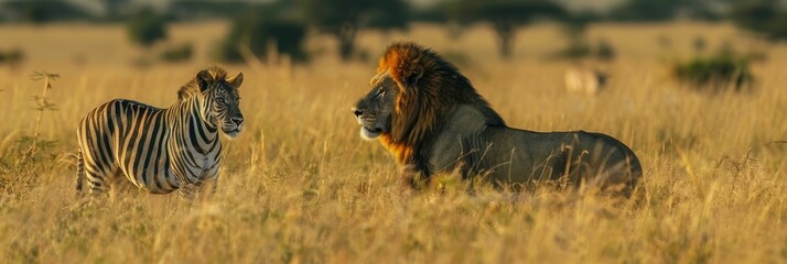 Majestic Encounter A Lion and Zebra in the Serengeti Grasslands Showcasing the Diversity and...