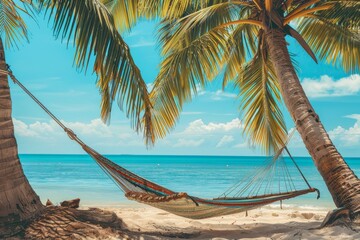 Naklejka premium Tropical island getaway. palm tree, hammock, and serene sea view for your dream vacation