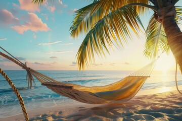 Tropical island getaway. palm tree, hammock, and stunning sea view for relaxing vacation - obrazy, fototapety, plakaty