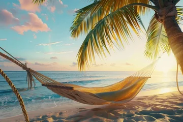 Poster Tropical island getaway. palm tree, hammock, and stunning sea view for relaxing vacation © Sergej Gerasimov