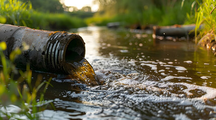 Water from a pipe flows into the river, enhancing the natural landscape - obrazy, fototapety, plakaty