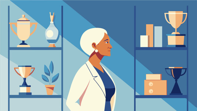 A retired businesswoman gazing at a shelf filled with trophies and plaques each one representing a different milestone in her successful career.
