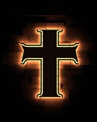 Neon shine christian cross on brick wall. Religion concept illustration. 3D render