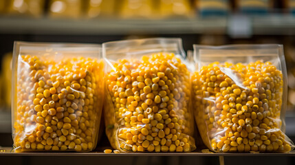 Packaged Lentils, Packed yellow lentils displayed on a grocery store shelf.