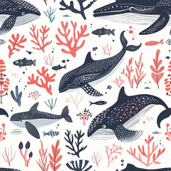 Underwater World Pattern, Seamless pattern with whales and sea life in cool tones.