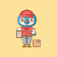 Cute penguin courier package delivery animal chibi character mascot icon flat line art style illustration concept cartoon