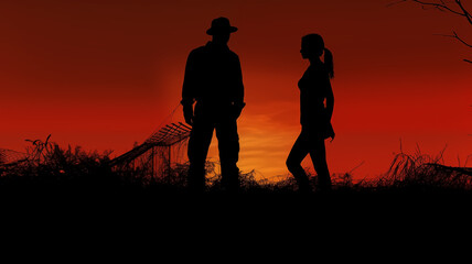 Silhouettes of a man and woman facing each other at sunset with a vibrant red sky. Relationship and connection concept suitable for design and print.