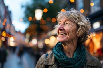 Portrait of happy senior woman walking on the street at Christmas time