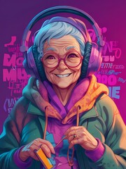This old anime woman is wearing a purple hoodie and hip hop DJ style headphones