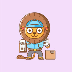 Cute lion courier package delivery animal chibi character mascot icon flat line art style illustration concept cartoon