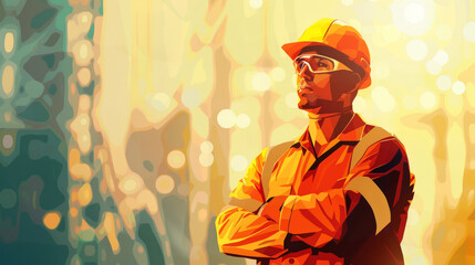 Illustrated confident construction worker standing with folded arms in sunlight - obrazy, fototapety, plakaty