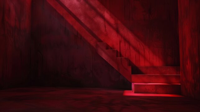 A red light casts an eerie glow on a staircase against a red wall, creating deep shadows. Halloween mood.