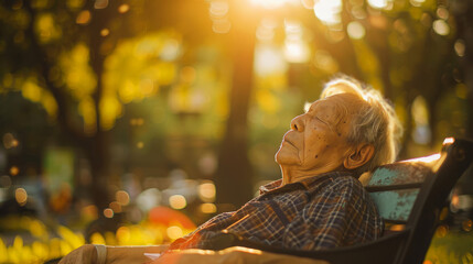 Contented elderly man reclining outdoors, bathed in the warm, tranquil light of sunset