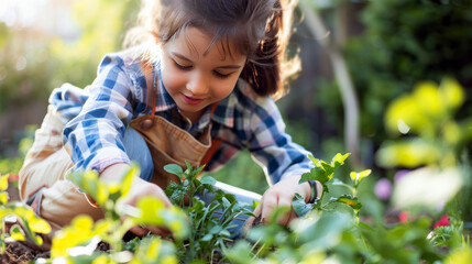 Young girl learning to garden, focusing attentively on the green plants in soft sunlight