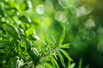 Obraz premium Vibrant green basil plants thriving in the garden, exuding freshness and culinary potential